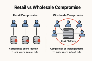 Diagram comparing retail compromise, where one identity puts one user's data at risk, with wholesale compromise, where a shared SaaS platform puts many users' data at risk