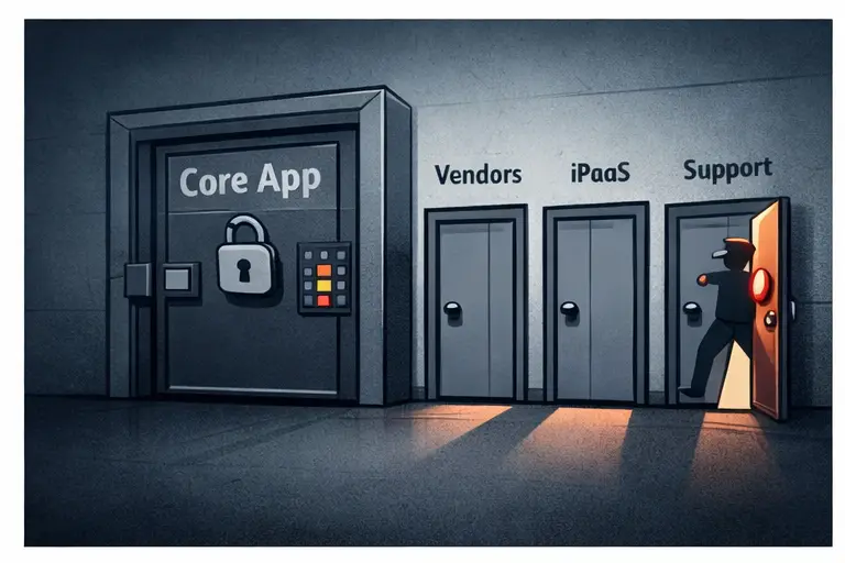 Illustration of a secure front door and multiple vendor side doors, one compromised.