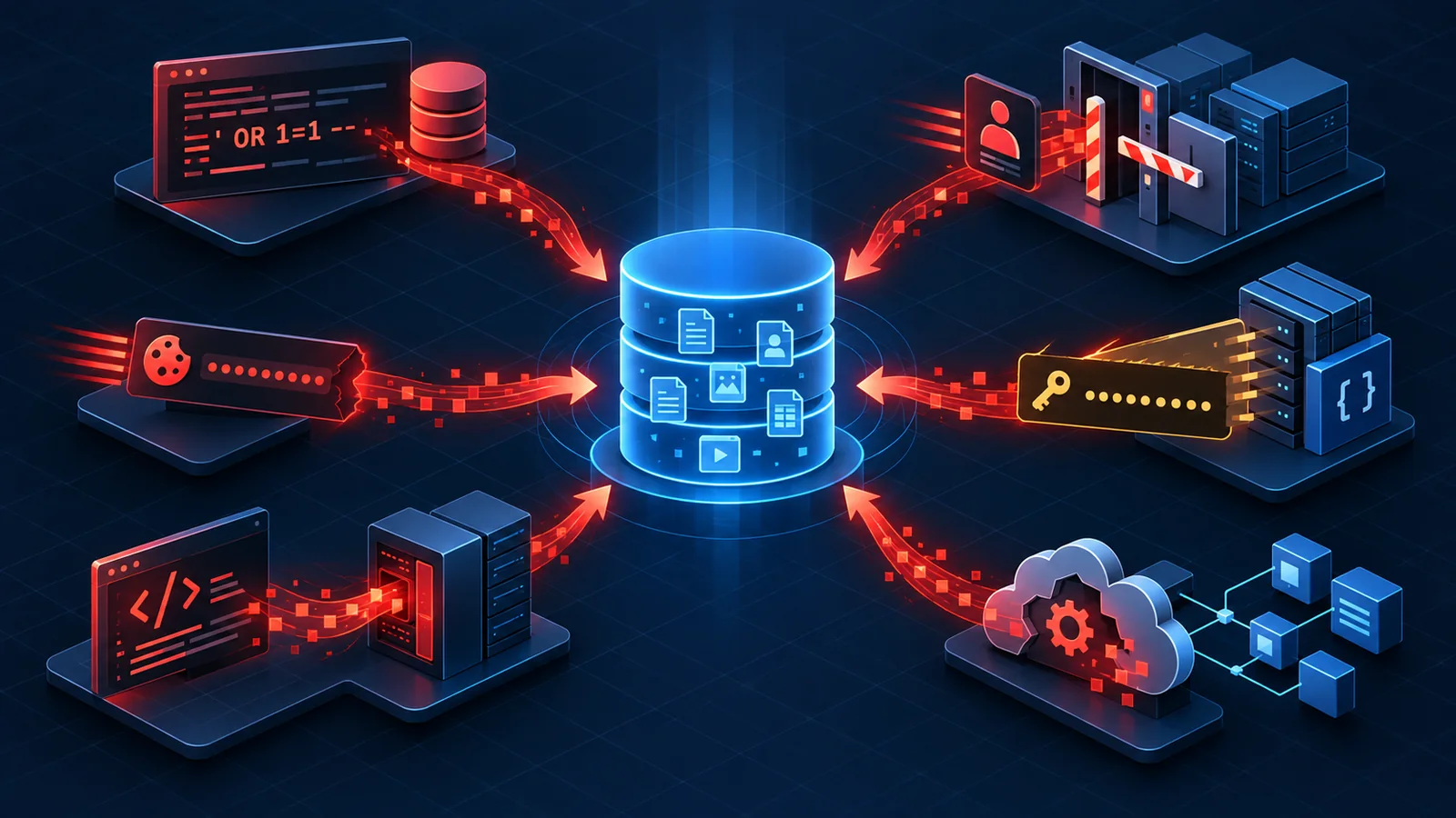 Six attack paths converging on one central database: SQL injection, stolen session cookie, code injection, broken access control, leaked API key, and a misconfigured cloud service.