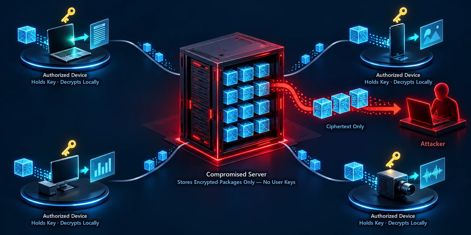 Diagram of a compromised server that stores only encrypted packages: the attacker exfiltrates ciphertext, while the keys stay on four authorized devices that decrypt locally.