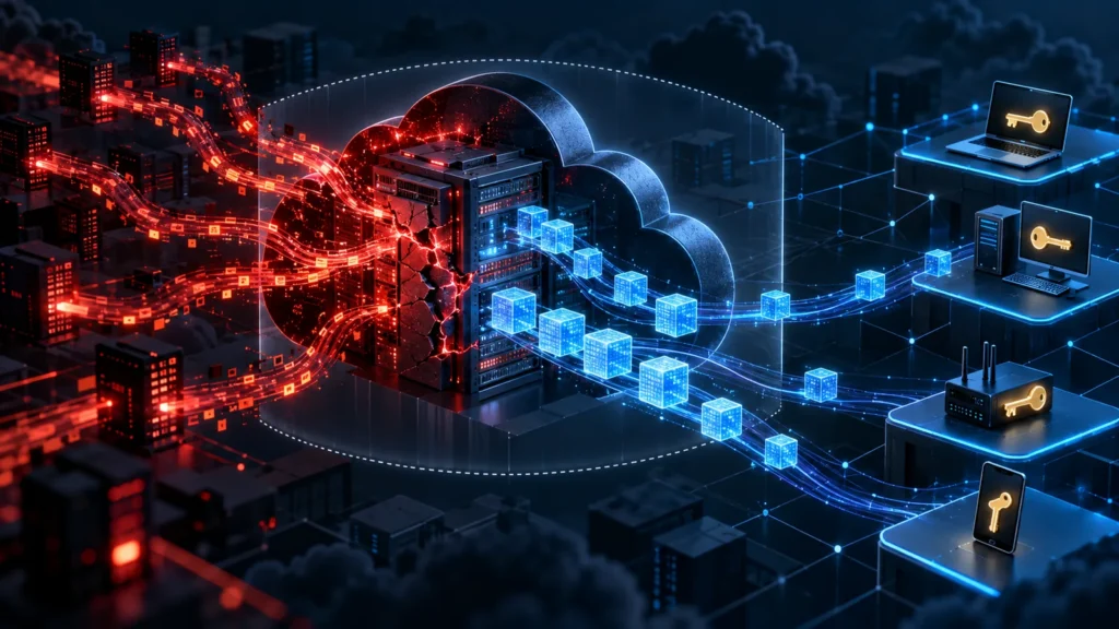 A compromised cloud server leaks red data streams on one side while encrypted blue packages flow to laptops, desktops, routers and phones that each hold their own key.
